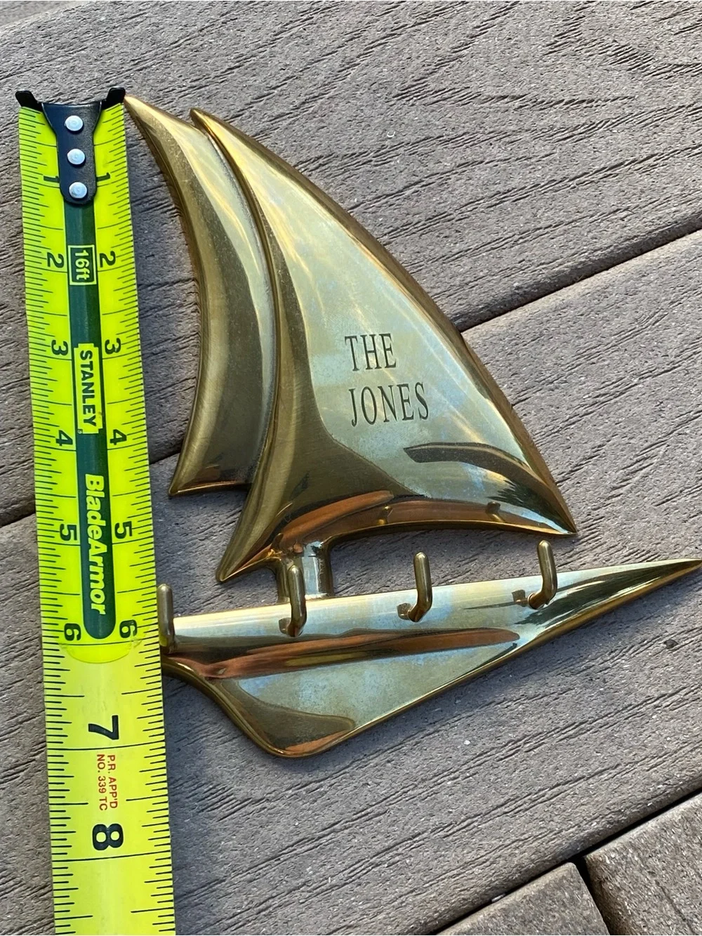 Vintage Polished Solid Brass Sailboat Key Hook Holder Engraved “The Jones”